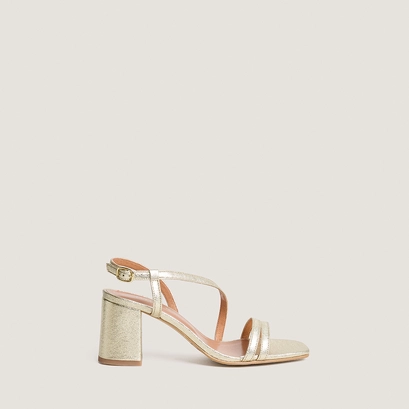 Heeled sandals with straps in platinum metallic textile | vimy