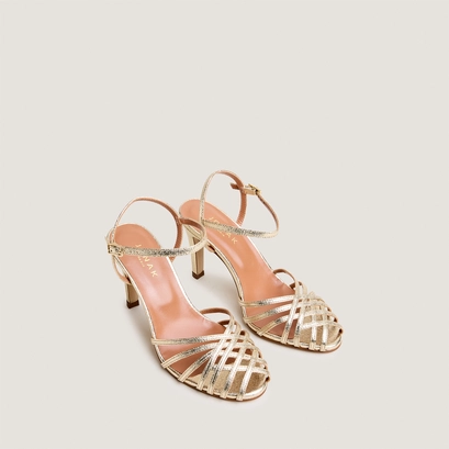 High-heeled sandals in platinum metallic textile | damoria