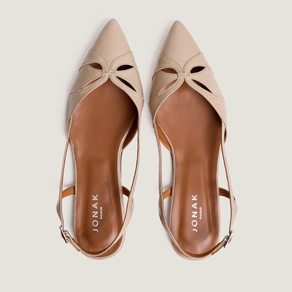 Pointed-toe slingback ballet flats in sand pleated patent leather | DAMOURA