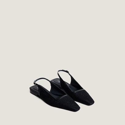 Pointed-toe slingback ballet flats in black lace and black leather | daxo