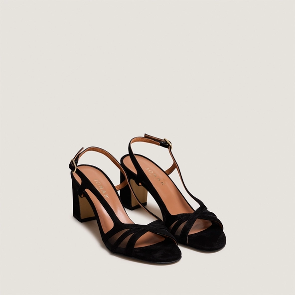 Heeled sandals in black suede and black mesh | VAHINE