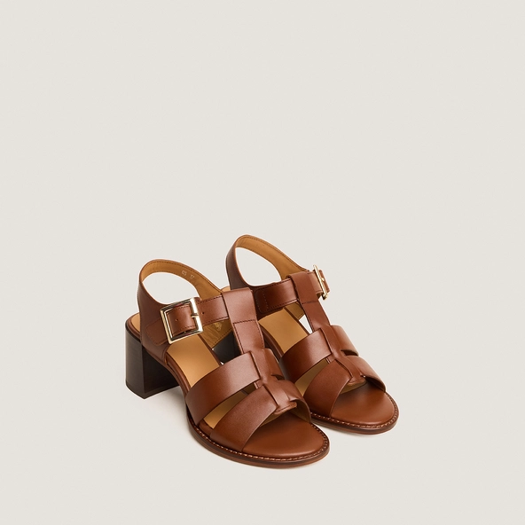 Block-heel sandals with adjustable buckles in cognac leather | ALEXANDRIE