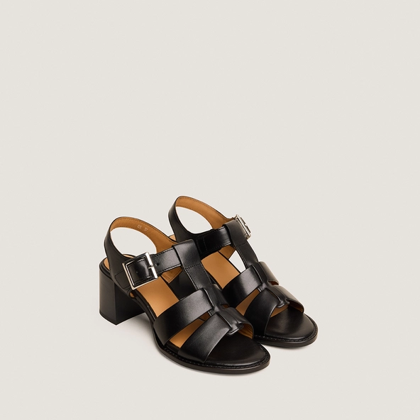 Block-heel sandals with adjustable buckles in black leather | ALEXANDRIE