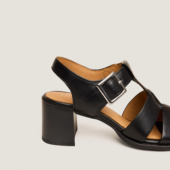 Block-heel sandals with adjustable buckles in black leather | ALEXANDRIE