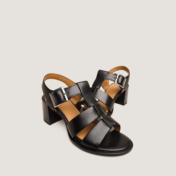 Block-heel sandals with adjustable buckles in black leather | ALEXANDRIE