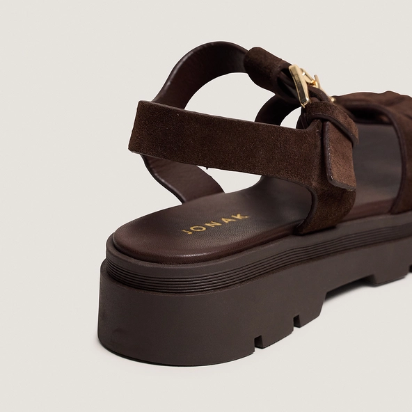 Platform sandals with adjustable buckles in split brown leather | LIVERPOOL