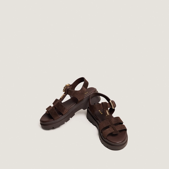 Platform sandals with adjustable buckles in split brown leather | LIVERPOOL