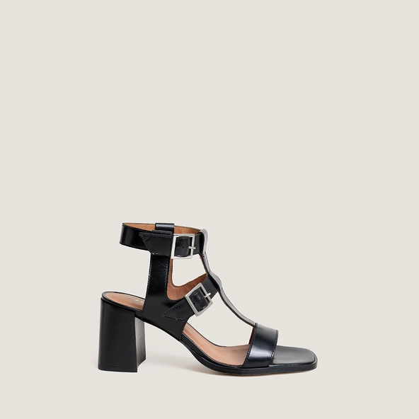 Heeled sandals with double adjustable straps in black leather | VALENCIA