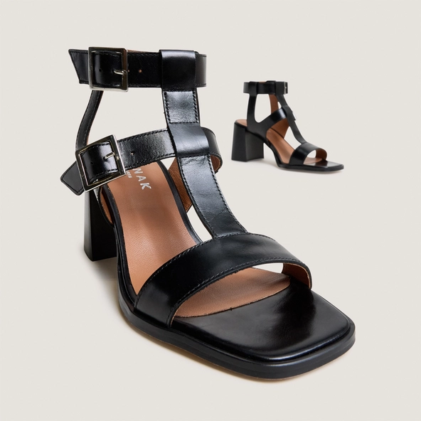 Heeled sandals with double adjustable straps in black leather | VALENCIA