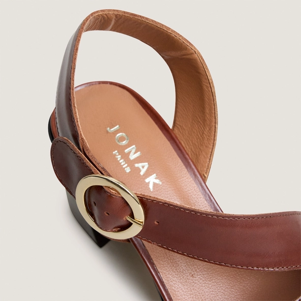 High laminated-heel sandals with wide straps in brown leather | VANELIE