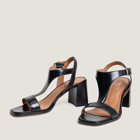 High laminated-heel sandals in black leather | VODKA