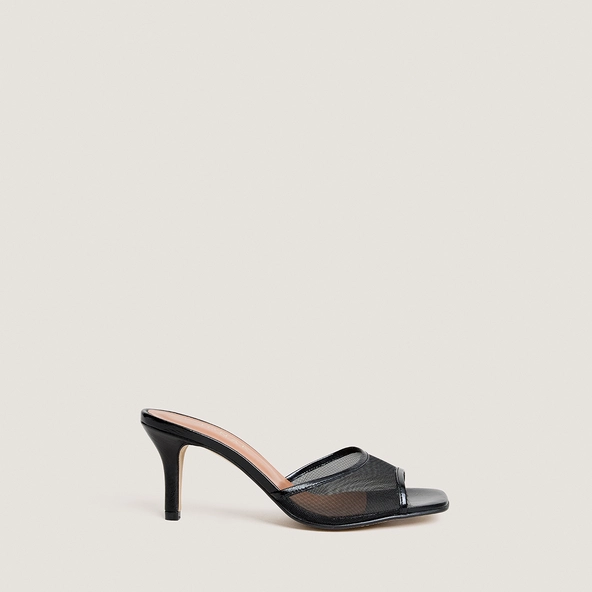 Heeled mules in black glossy leather and black mesh | VAV