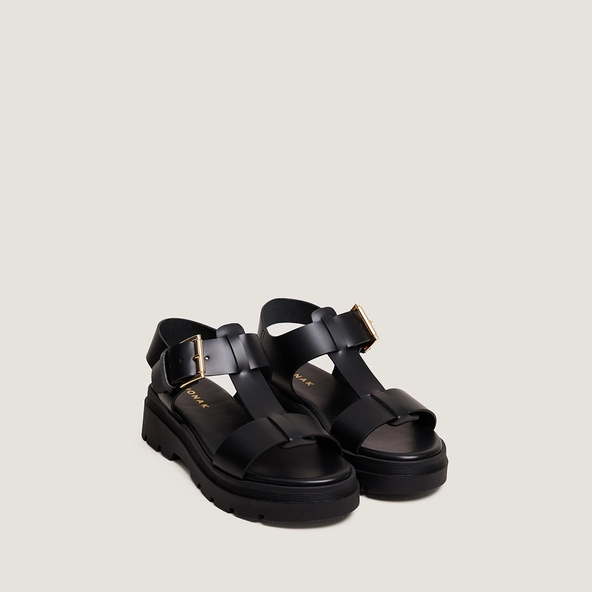 Platform sandals with wide straps in black leather | LISBONNE