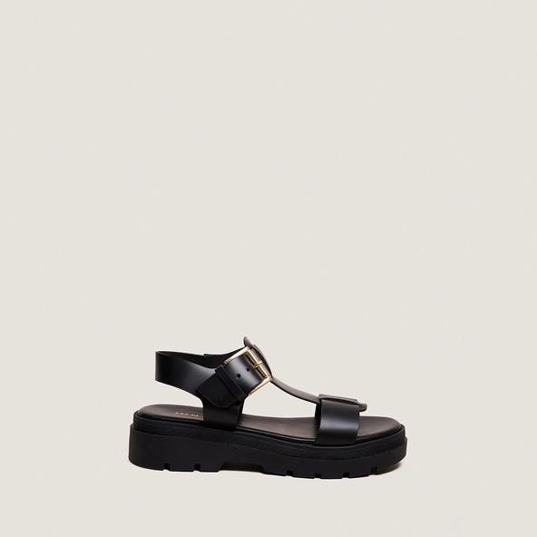 Platform sandals with wide straps in black leather | LISBONNE