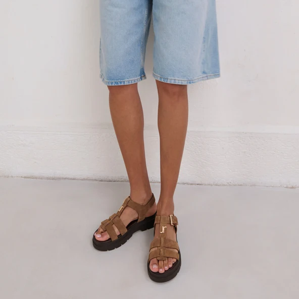 Platform sandals with monogram in taupe split leather | LIVERPOOL