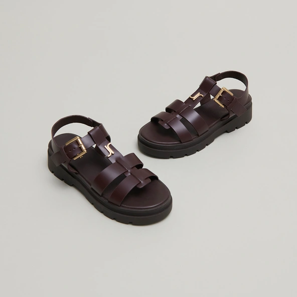 Platform sandals with monogram in brown leather | LIVERPOOL