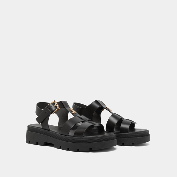 Platform sandals with monogram in black leather | LIVERPOOL