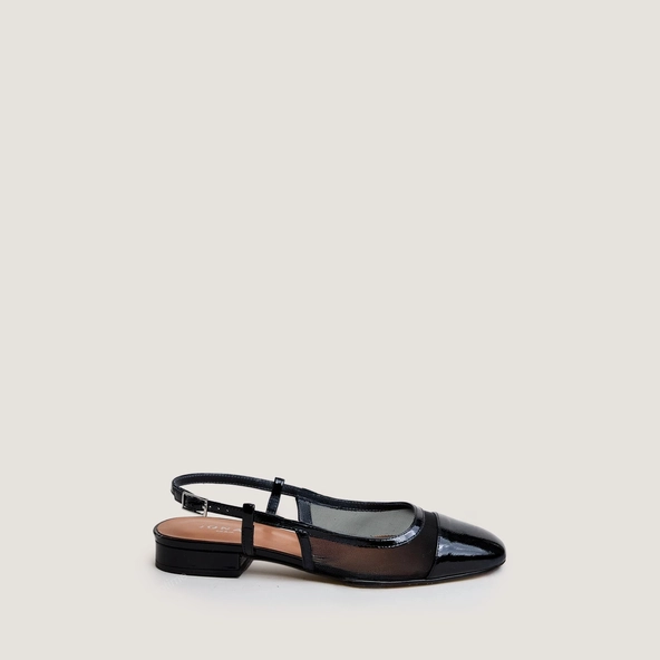 Slingback ballet flats in black pleated patent leather and black mesh | DRAGUS