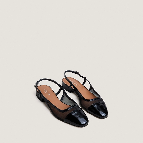 Slingback ballet flats in black pleated patent leather and black mesh | DRAGUS