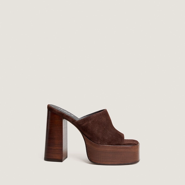 Open-toe heeled mules in chocolate split leather| BEATRICE