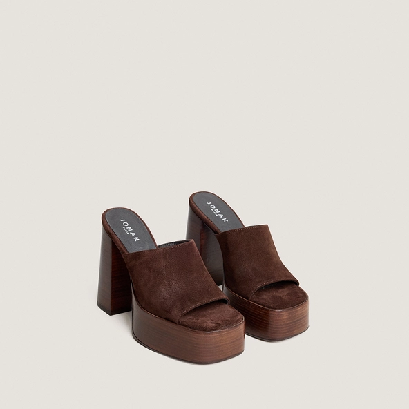 Open-toe heeled mules in chocolate split leather| BEATRICE