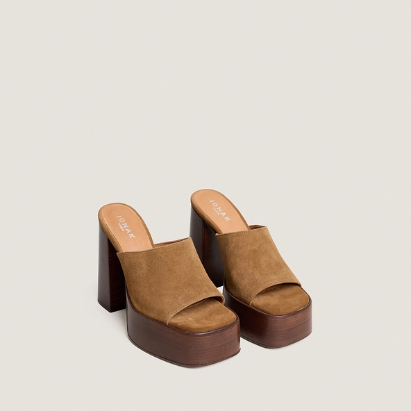 Open-toe heeled mules in tobacco split leather | BEATRICE