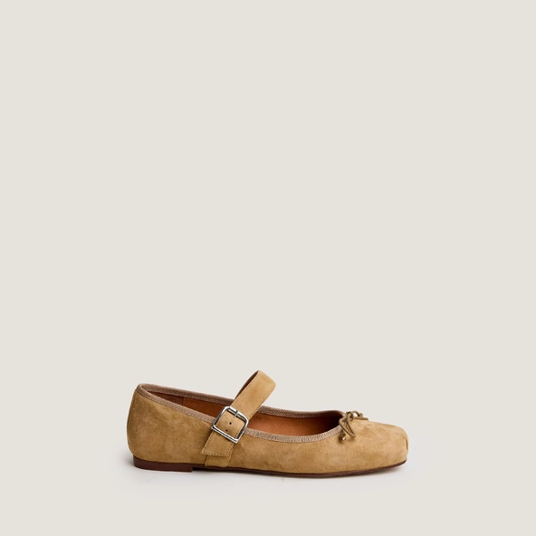 Lace-up ballet flats with straps in honey suede | DOMINANTE