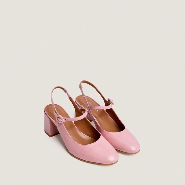 Open-back heeled mary janes in petal pink pleated patent leather | DOLLAR