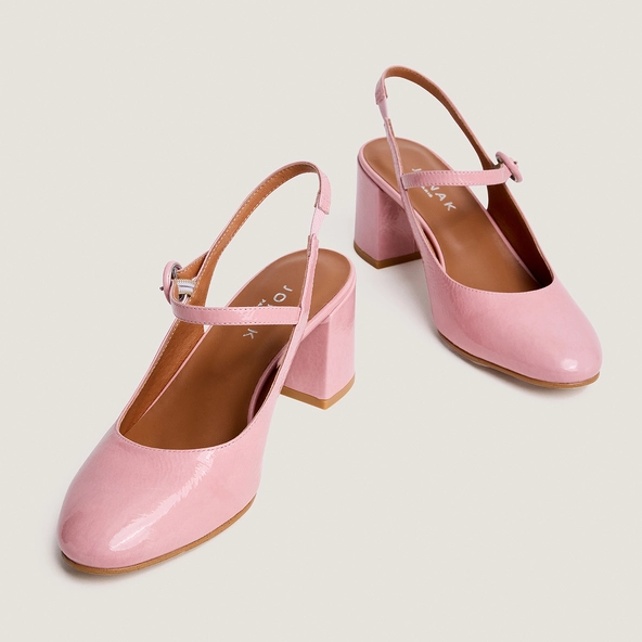 Open-back heeled mary janes in petal pink pleated patent leather | DOLLAR