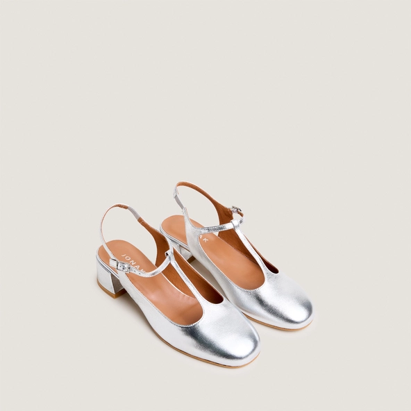 Open back t-bar in silver metallic leather | DORIEL