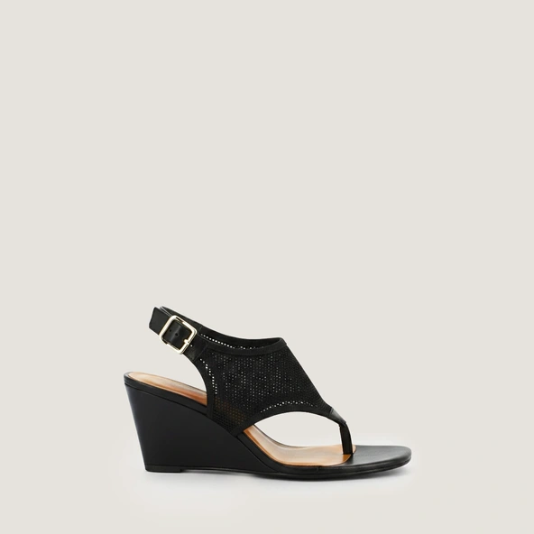 Wedge sandals with adjustable straps in black mesh and black leather | DABLA