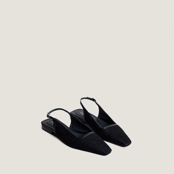 Pointed-toe slingback ballet flats in black lace and black leather | DAXO