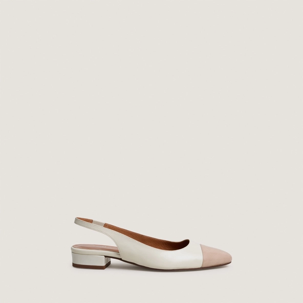 Low-heeled slingback ballet flats in beige patent leather and ecru aged leather | DECISION