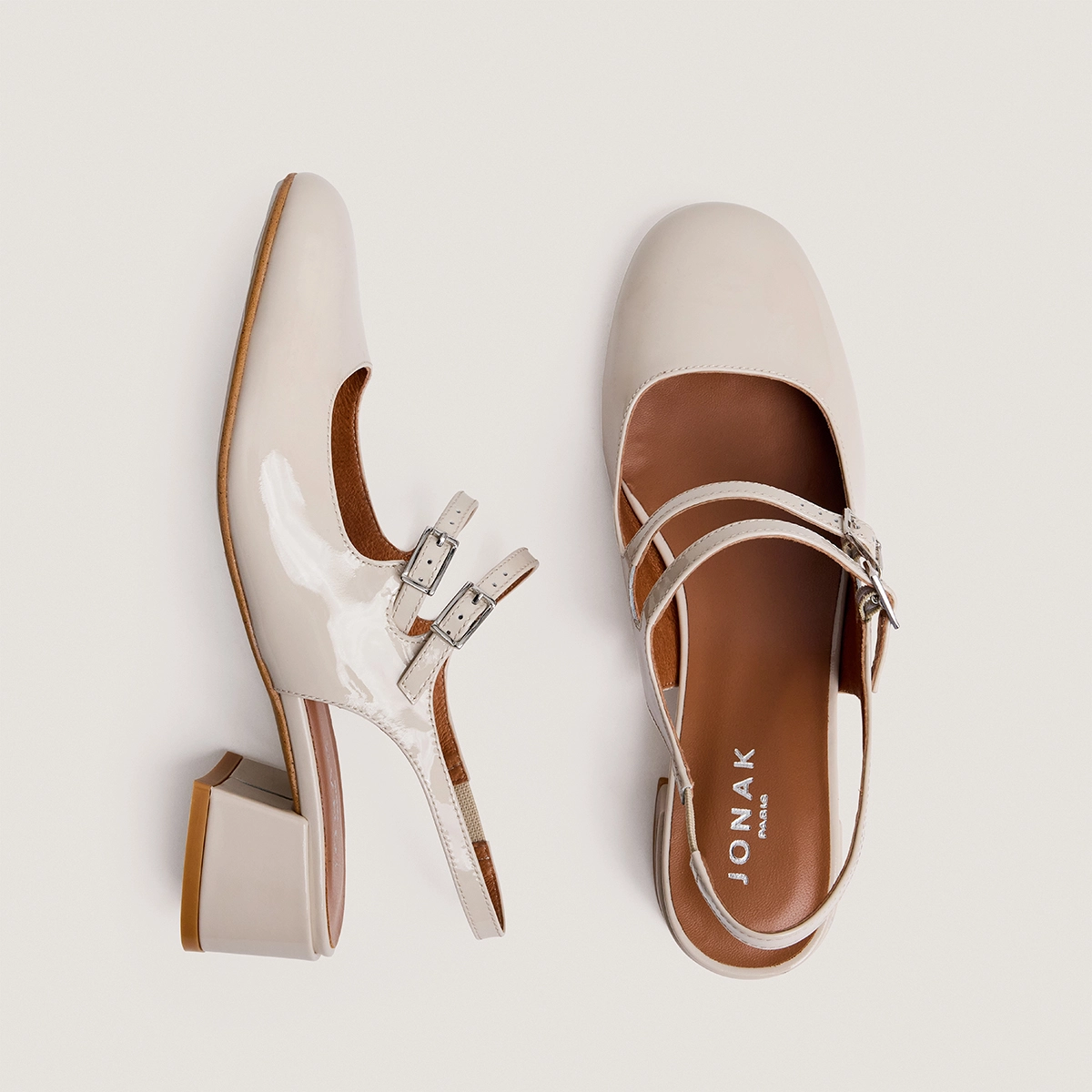 Double-strap slingback mary janes in ecru patent leather | DRIBBLE