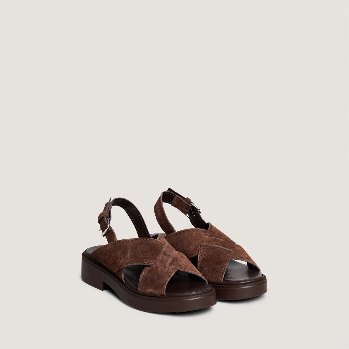 Interlaced strap sandals in dark brown split leather | ELIO