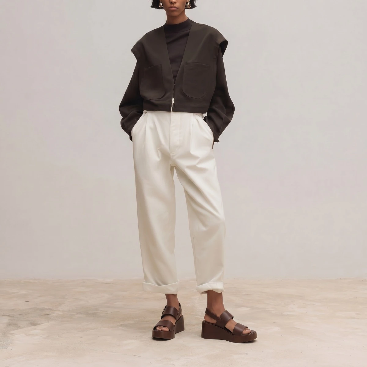 Wedge sandals with wide straps in cacao leather | ELISA
