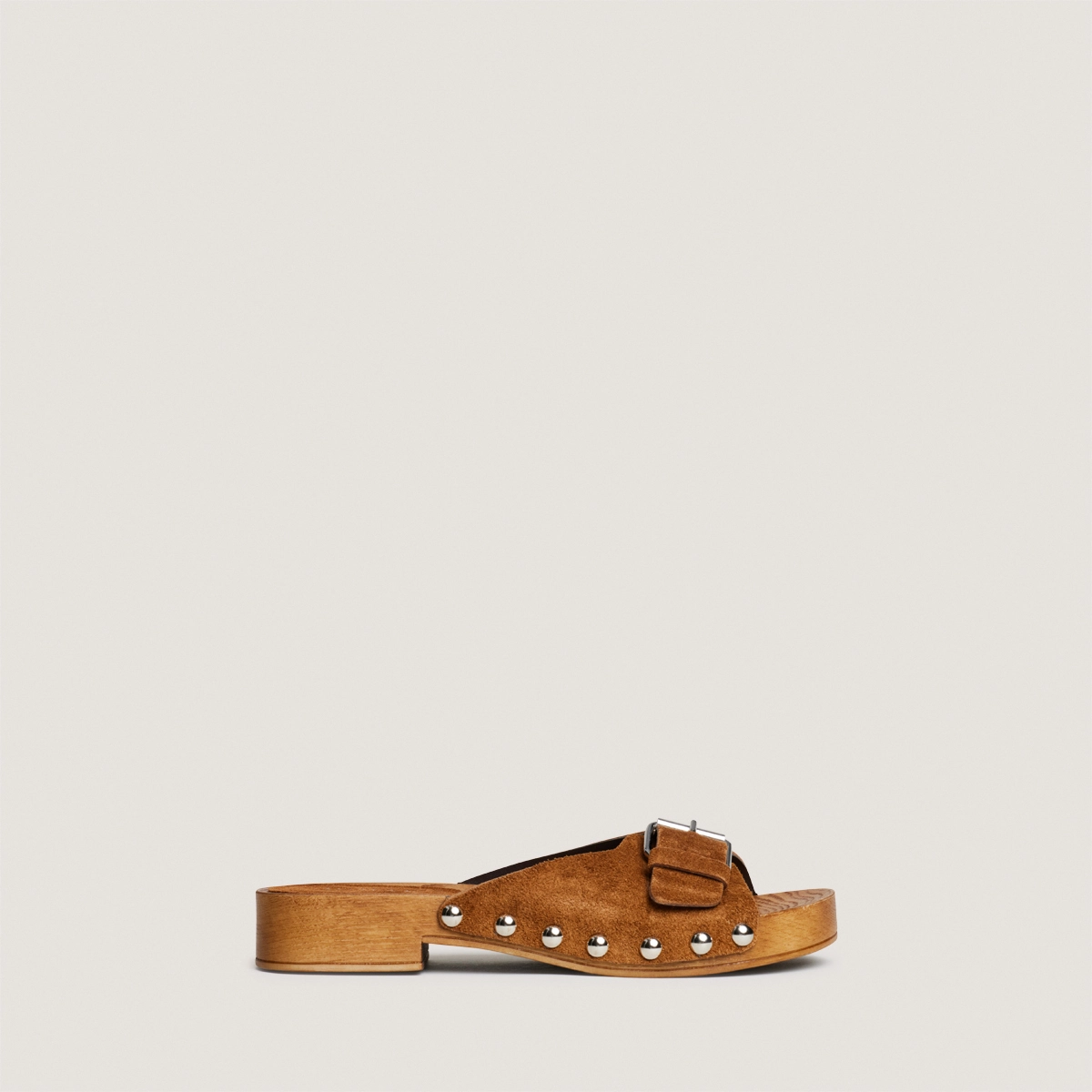 Low-heeled studded mules in cognac split leather | ENORA