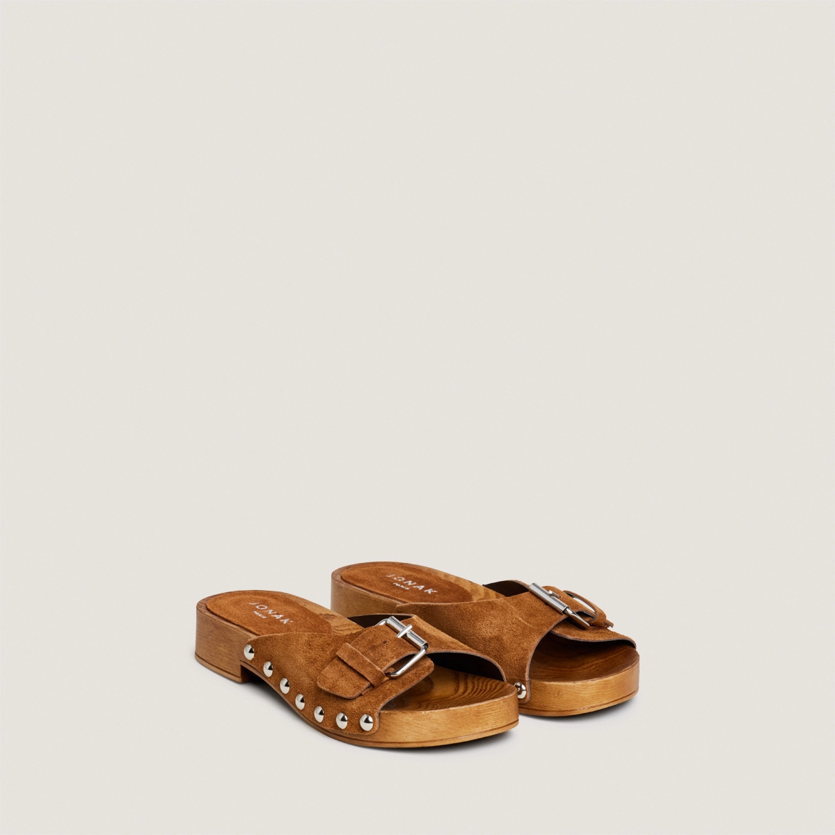 Low-heeled studded mules in cognac split leather | ENORA