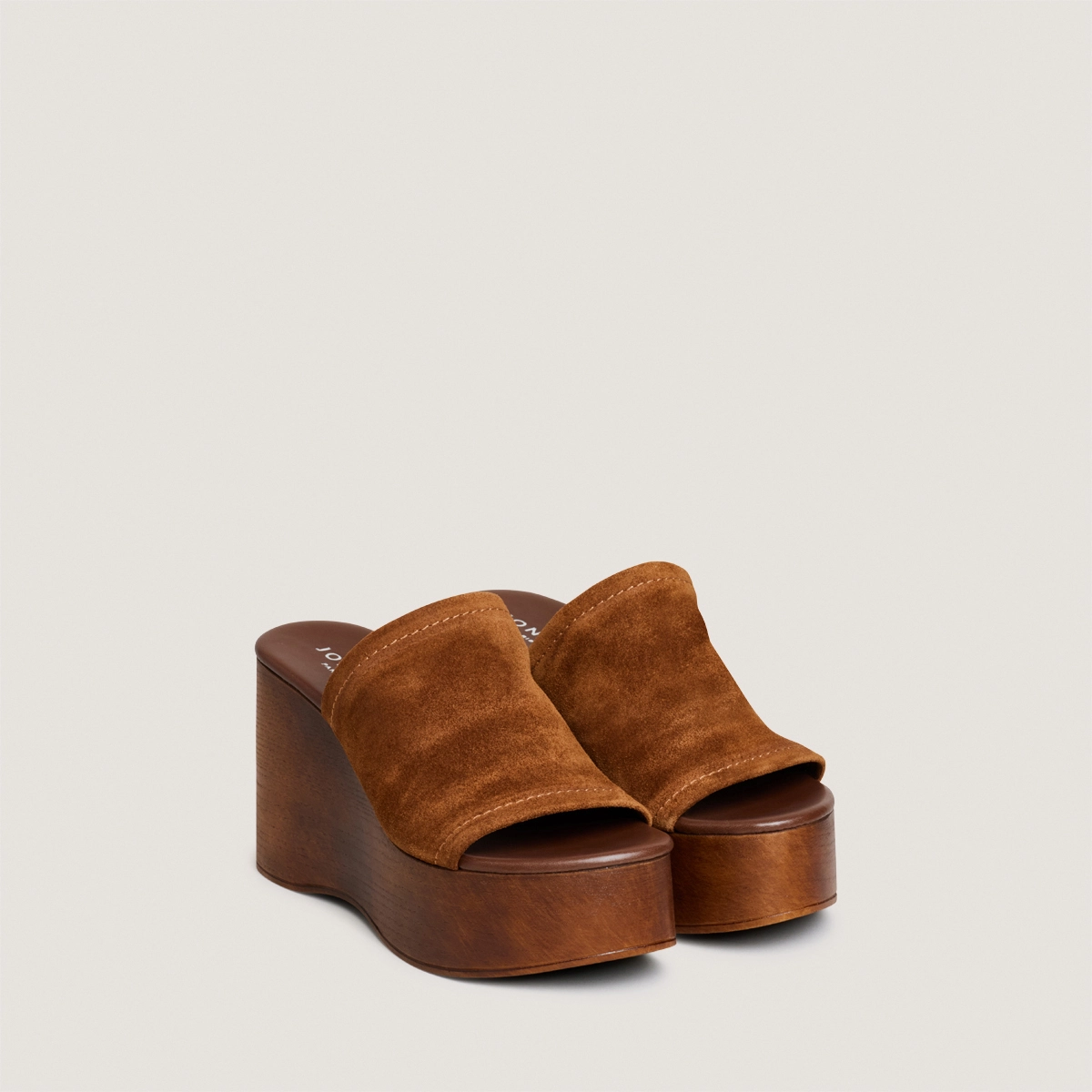 Heeled wedge mules in cognac split leather | ESMEE