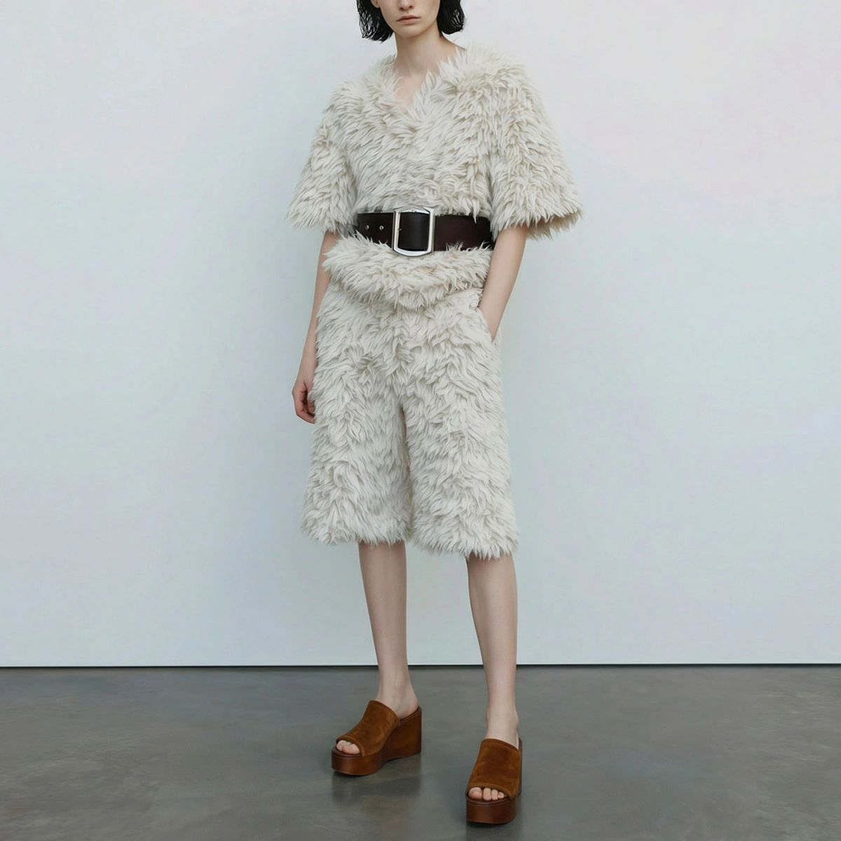 Heeled wedge mules in cognac split leather | ESMEE