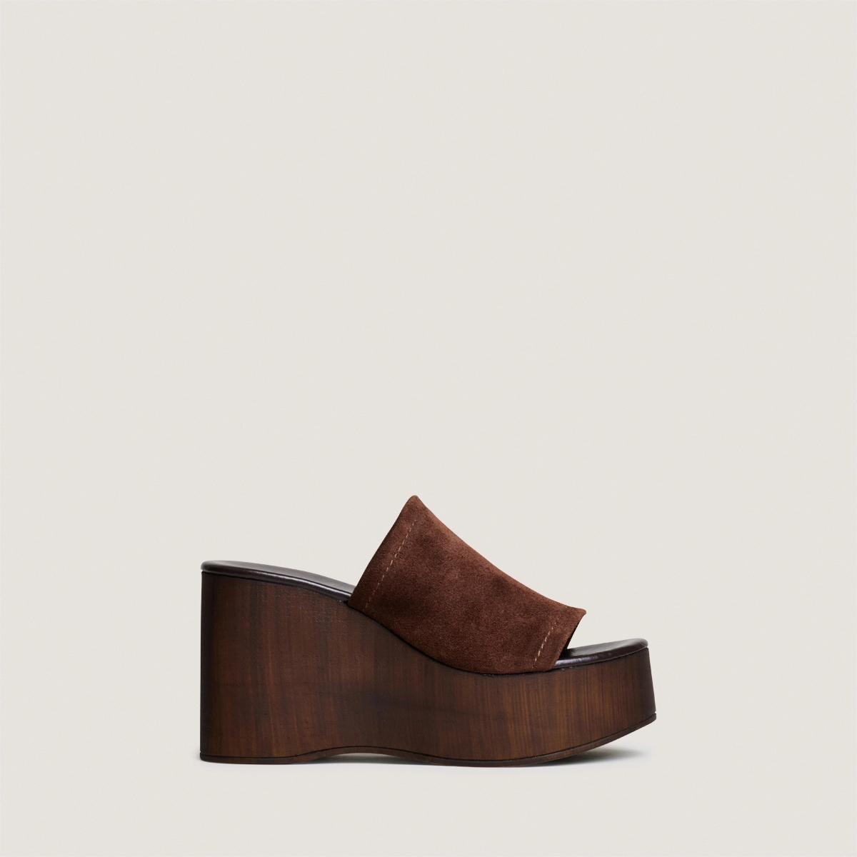 Heeled wedge mules in dark brown split leather | ESMEE
