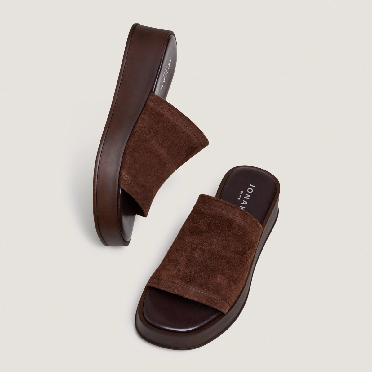 Platform mules in dark brown split leather | EVANN