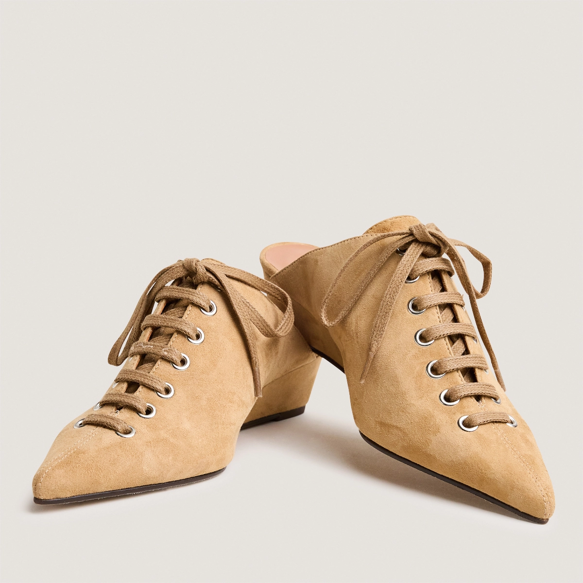 Lace-up wedge mules in honey suede | DOLEANE