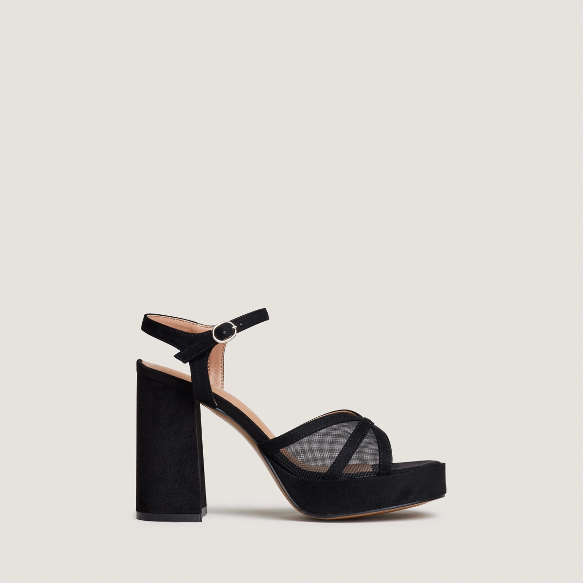 Platform high-heel sandals in black textile and black mesh | JENNYFER