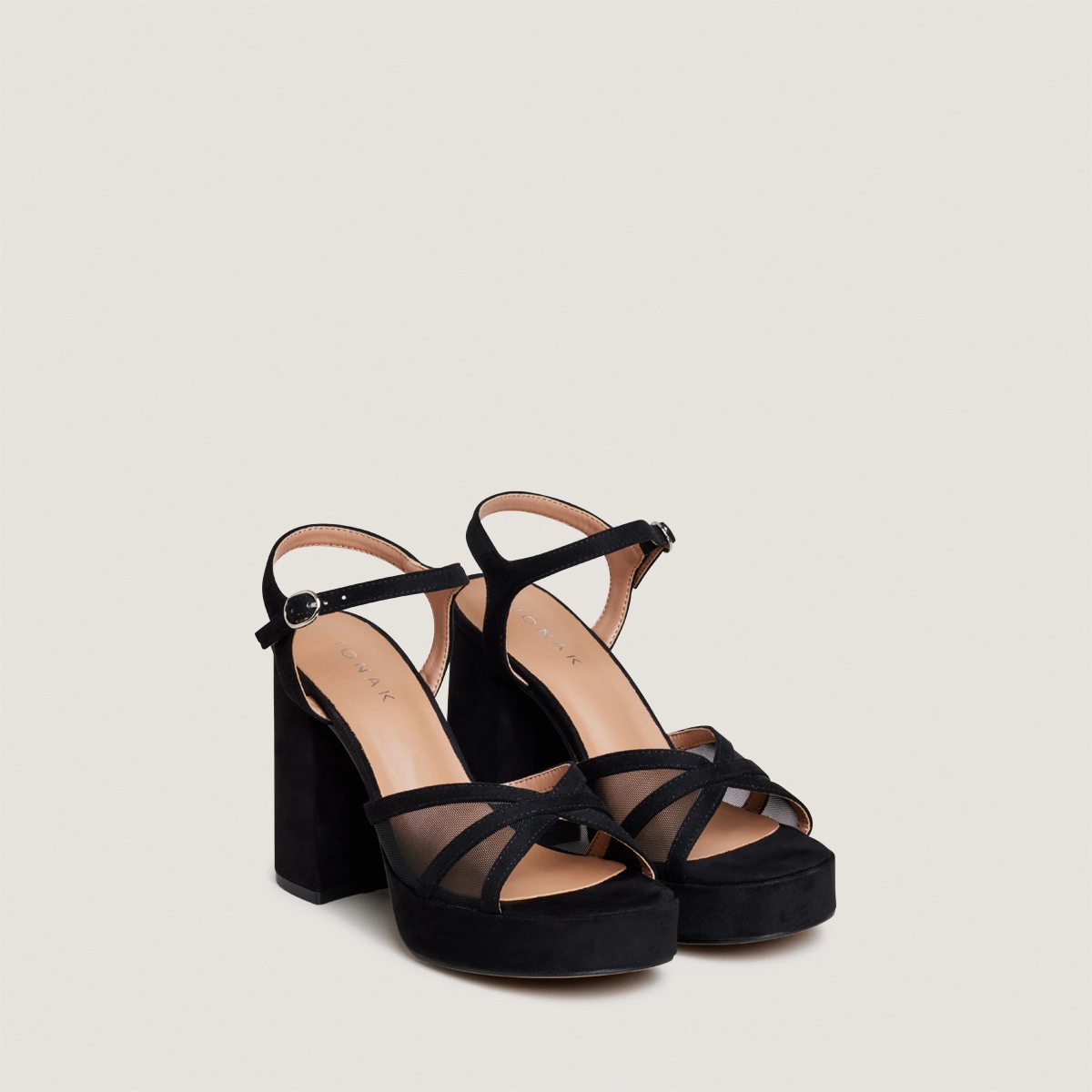 Platform high-heel sandals in black textile and black mesh | JENNYFER