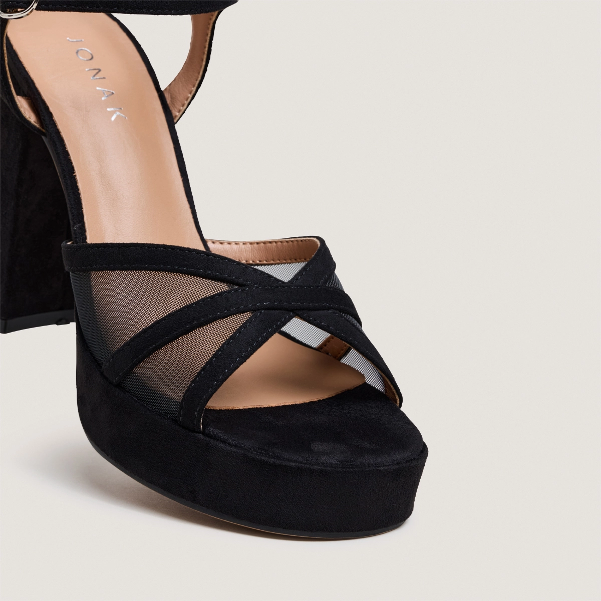Platform high-heel sandals in black textile and black mesh | JENNYFER