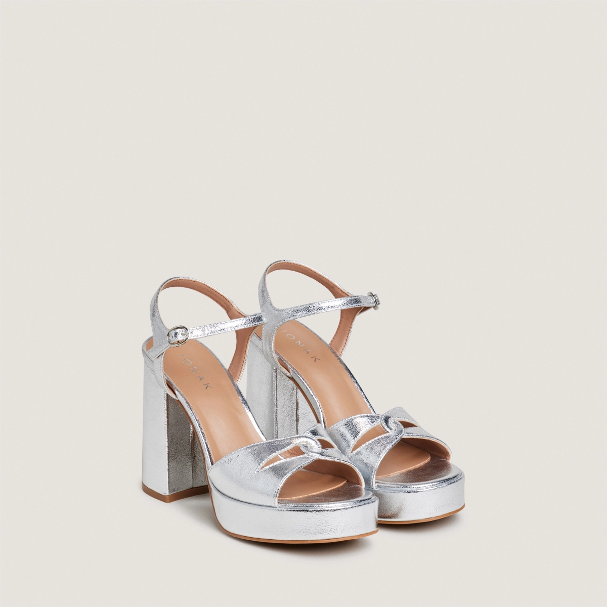 Platform high-heel sandals in silver metallic textile | JUSTINE