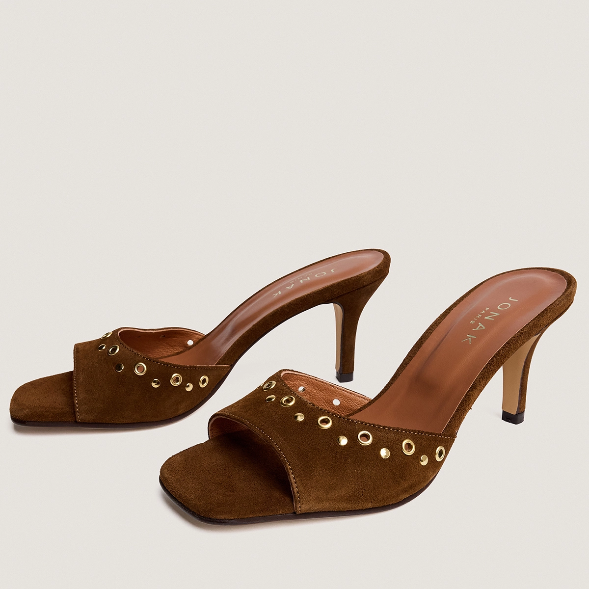 High-heel studded mules in cognac split leather | VIVE