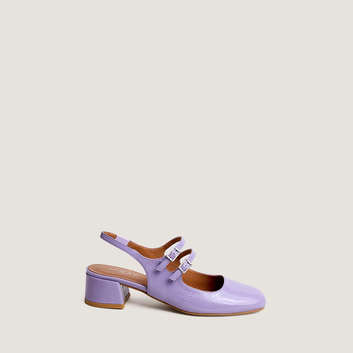 Double-strap slingback Mary Janes in lilac pleated patent leather | DRIBBLE