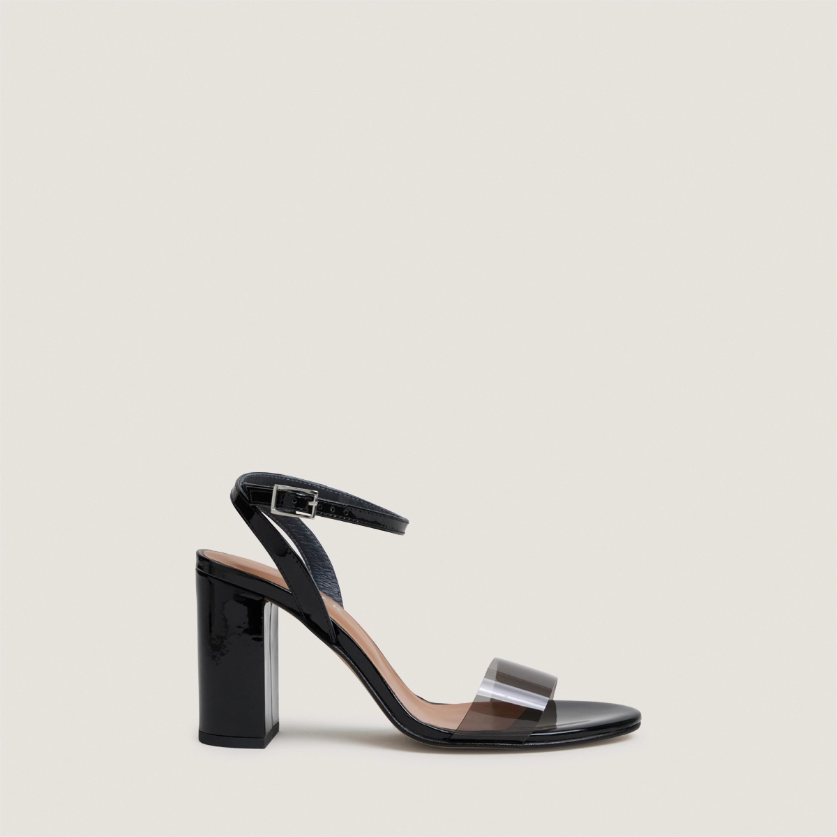 High-heel ankle-strap sandals in black vinyl and black patent leather | DANGER